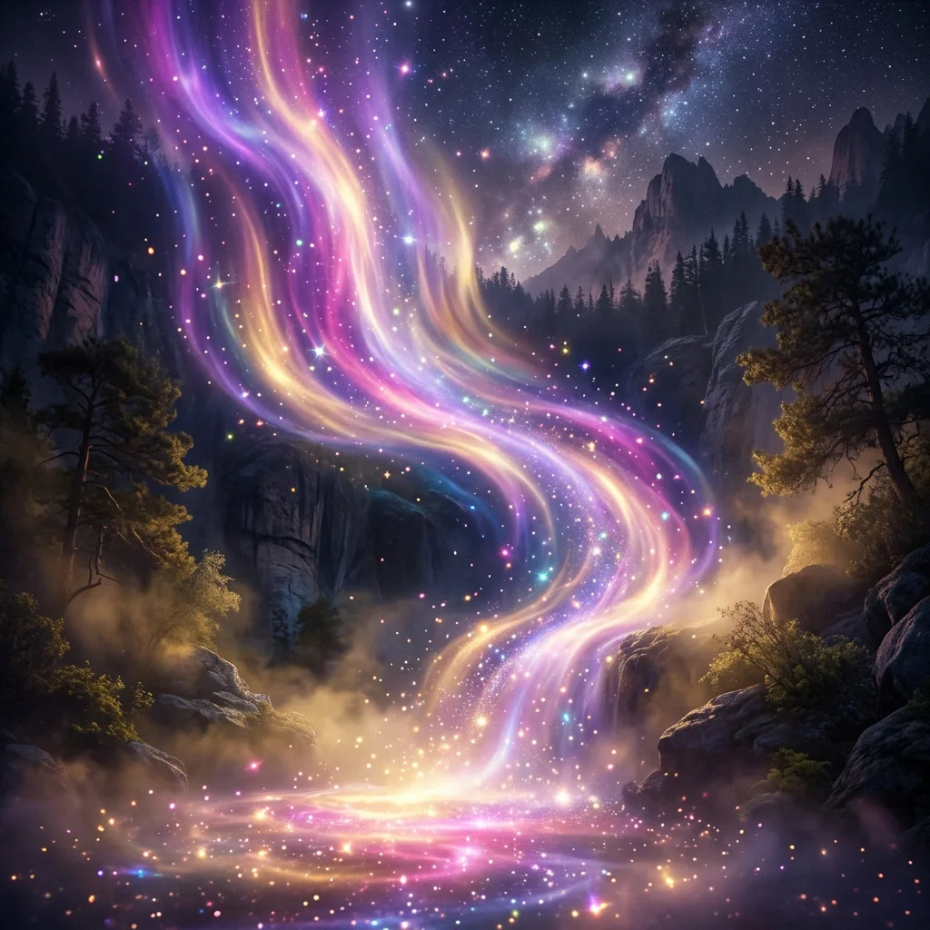 Ethereal cascade of violet, magenta and gold light representing the flow of universal life energy