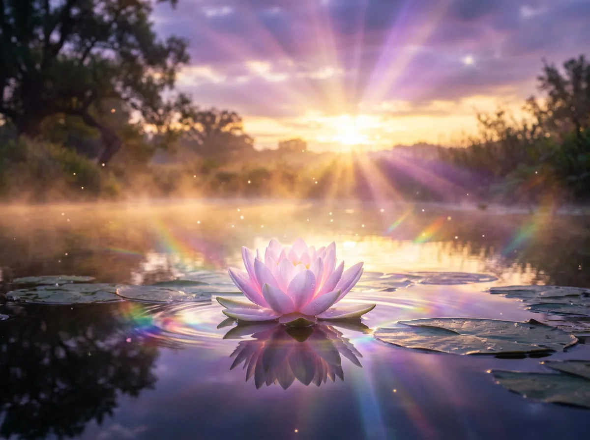 Luminous lotus flower resting on still water in soft violet and gold light