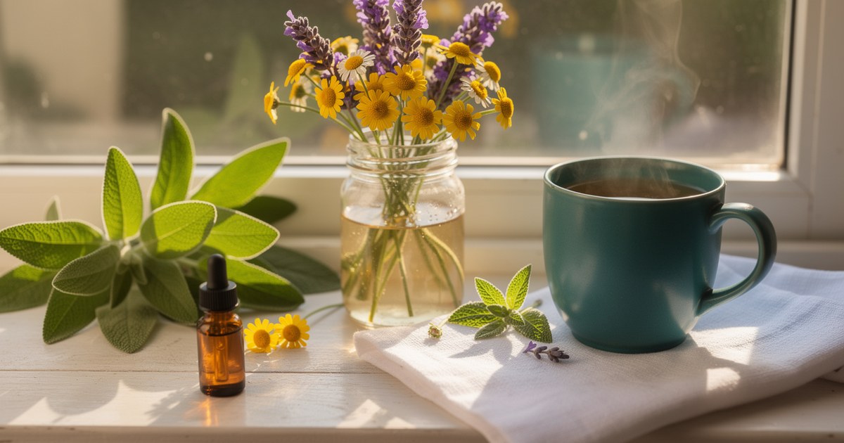 Sprigs of purple lavender and yellow chamomile beside a teal mug and green sage on white linen in soft window light