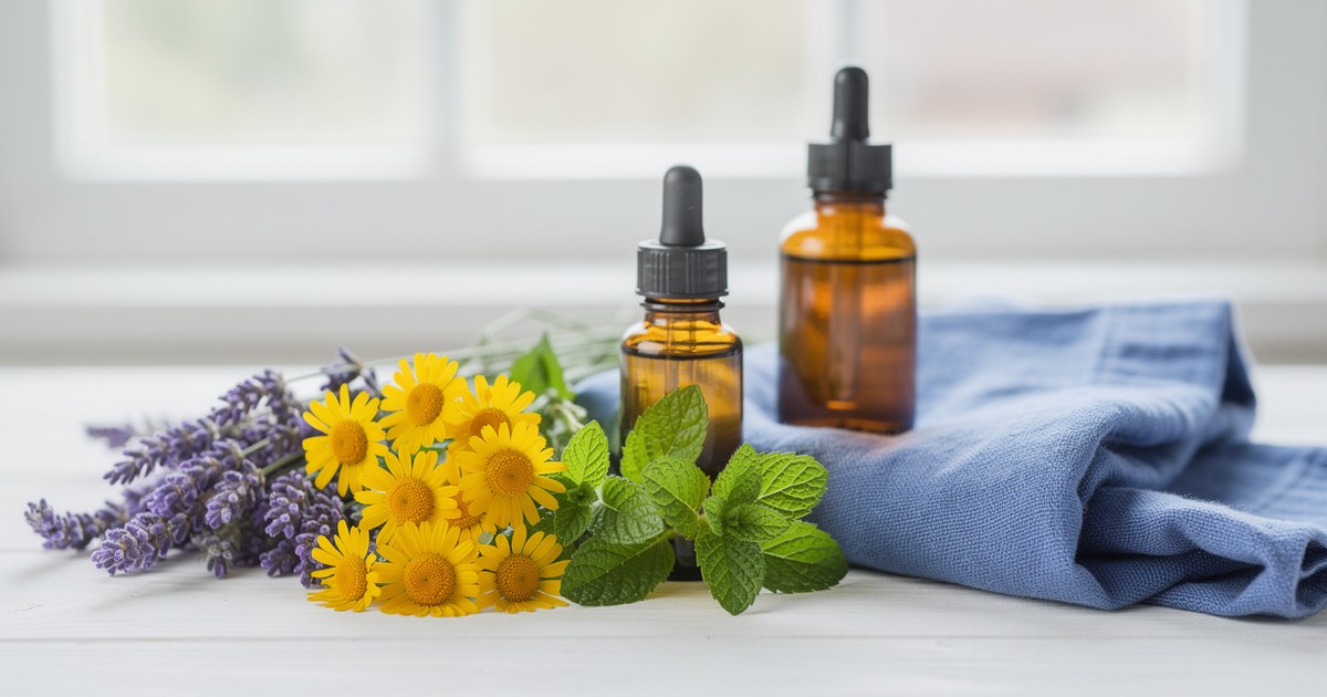 Sprigs of lavender, fresh mint, and yellow chamomile beside a small amber glass bottle and a folded blue linen cloth on a white table