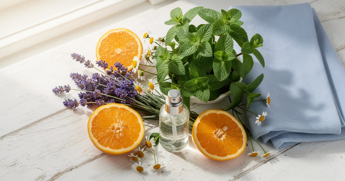Sprigs of purple lavender, orange slices, and a green peppermint plant beside a folded soft blue cloth and a small glass mist bottle on a white table