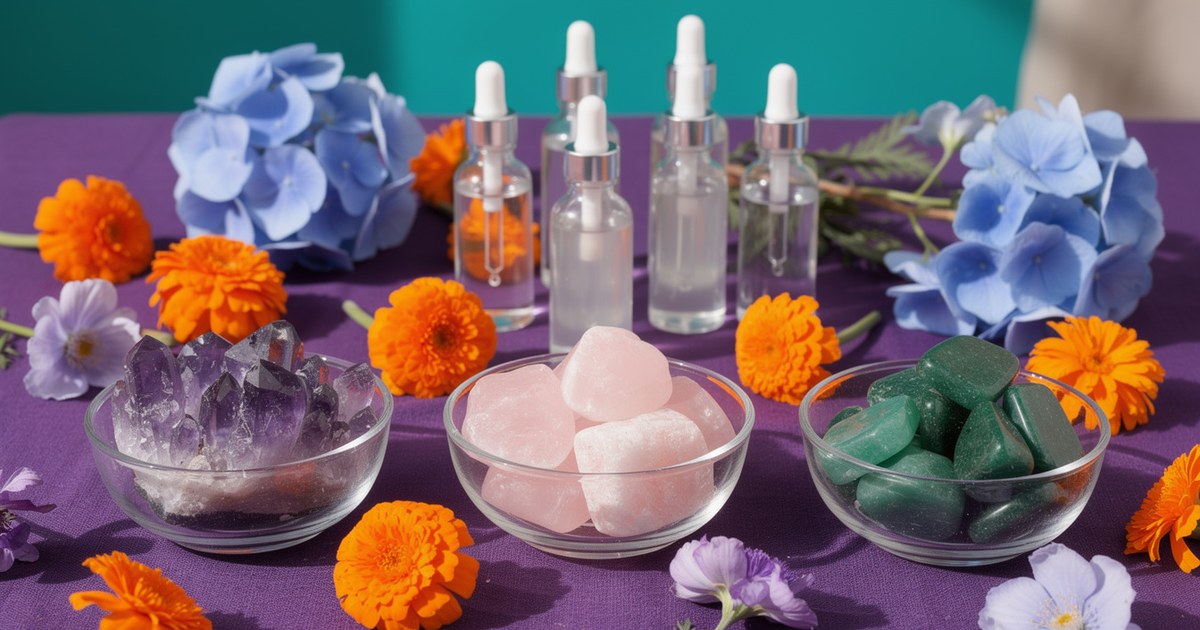 A purple tablecloth set with glass bowls of amethyst, rose quartz and green aventurine, clear dropper bottles, orange marigolds and blue hydrangea blooms.