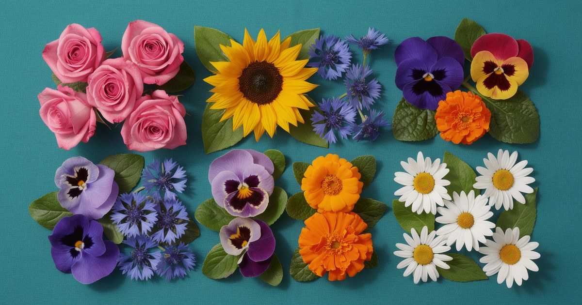An overhead grid of fresh flowers on a teal surface: pink roses, a sunflower, blue cornflowers, purple pansies, orange marigolds and white daisies in their own squares.