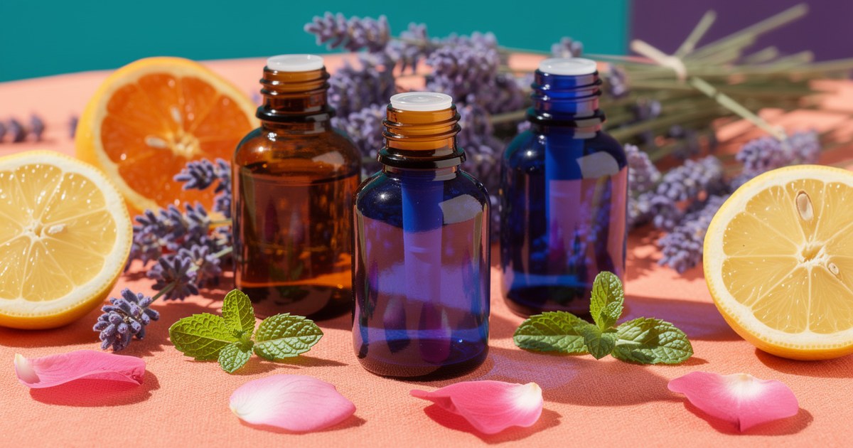 Amber and cobalt blue glass bottles on a coral cloth with lavender bundles, halved oranges and lemons, fresh mint leaves and pink rose petals.