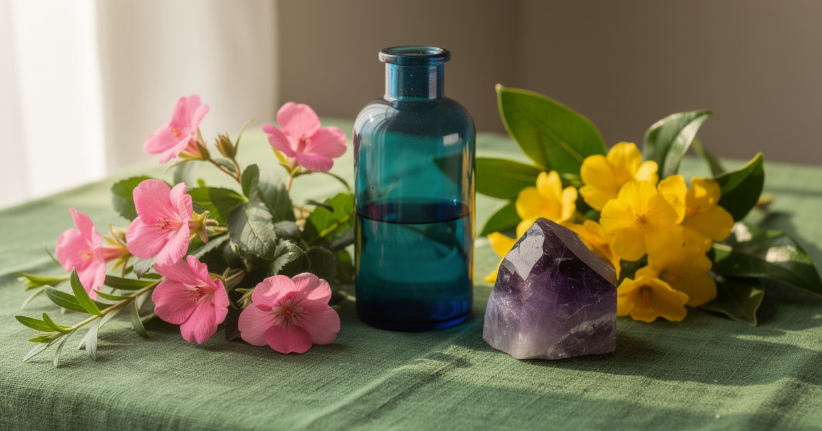 Pink and yellow flowers, a blue glass bottle, and a purple amethyst on a green linen cloth in soft window light