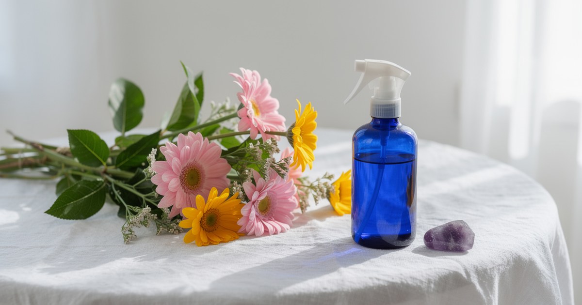 Pink and yellow flowers, a blue glass spray bottle and a green plant on a white table by a window, set for a quiet reset