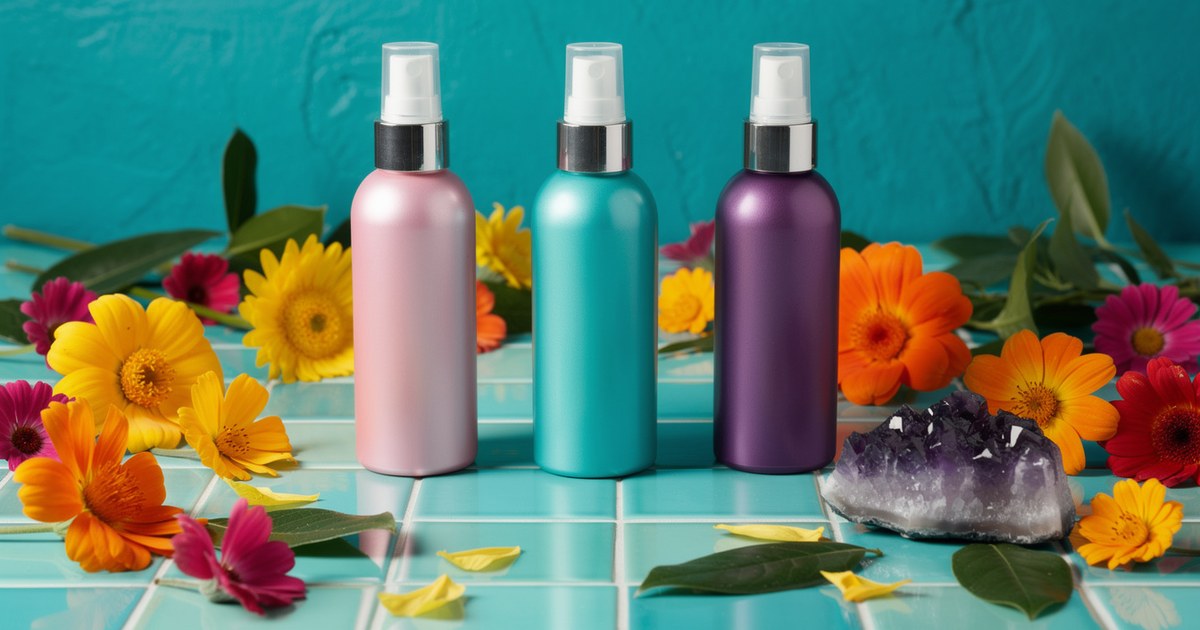 Pink, turquoise and purple spray bottles on turquoise tiles, surrounded by orange, yellow and magenta daisies, green leaves and a raw amethyst cluster.