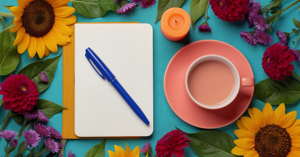 A blank notebook with a blue pen, a coral teacup on its saucer and a small orange candle on a bright turquoise tablecloth, framed by sunflowers, deep pink dahlias and purple asters.