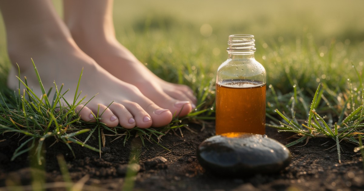 Bare feet resting on dew-covered grass and dark soil beside a clear glass bottle of amber liquid balanced on a smooth wet stone in low morning light