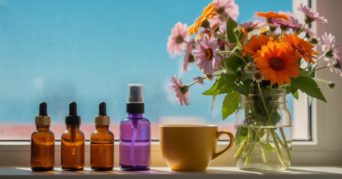 Three amber dropper bottles, a violet spray bottle, a yellow cup and a jar of orange and pink daisies on a windowsill with a blue sky outside.