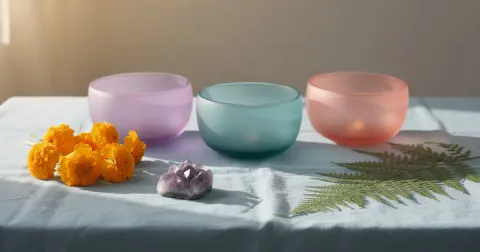 Frosted crystal singing bowls in violet, teal and rose beside fresh marigolds and green ferns on a soft blue cloth in window light