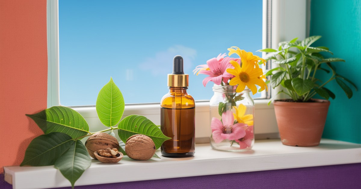 An amber dropper bottle on a sunny windowsill beside green walnut leaves and two walnuts, a jar of pink and yellow flowers and a potted plant under a blue sky.