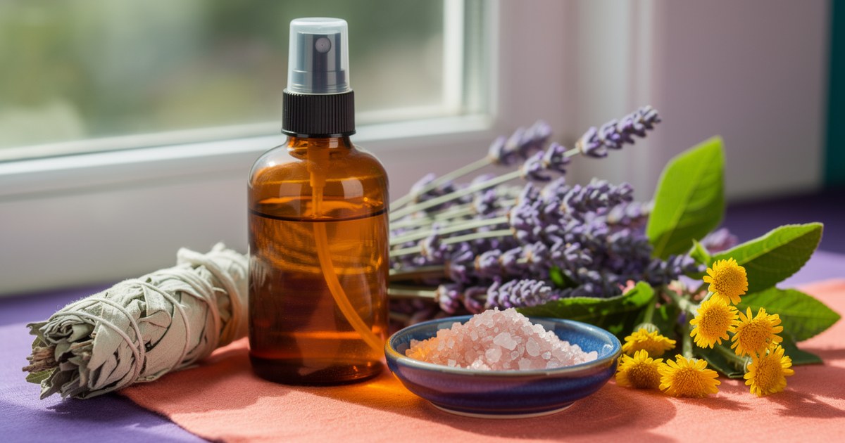 An amber spray bottle beside a sage bundle, a blue dish of pink salt, lavender and yellow flowers on violet and coral cloths by a window, with nothing burning.
