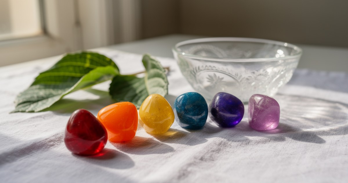 Seven polished crystals in rainbow colors arranged in a line on a soft white cloth beside fresh green leaves and a small glass bowl