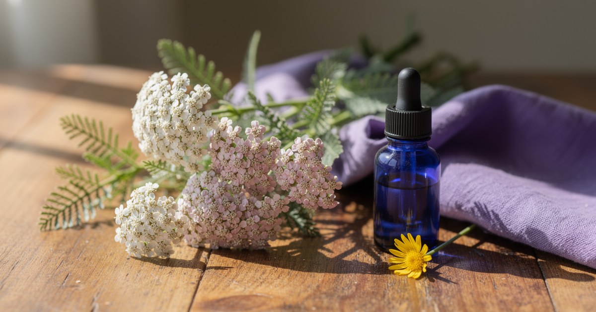 White and pale pink yarrow blooms with green feathery leaves beside a blue glass dropper bottle and a violet cloth on a sunlit table